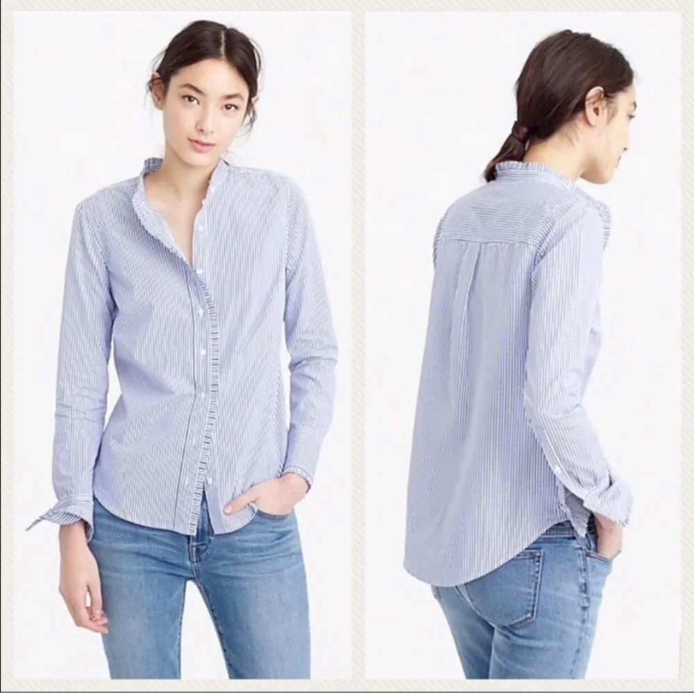 J. CREW Blue & White Striped Ruffle Blouse